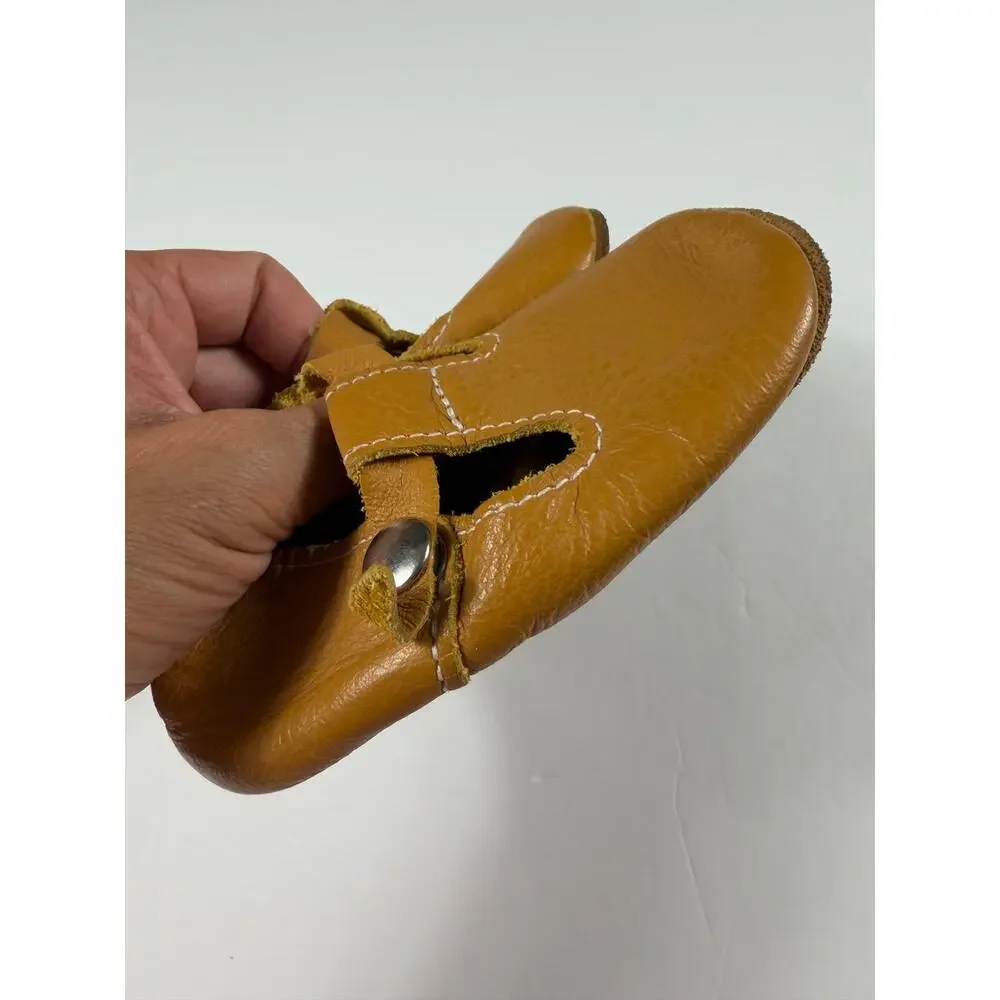Mon Petit Shoes Handmade Leather T-Strap Soft Sole Shoes Mustard Size 6